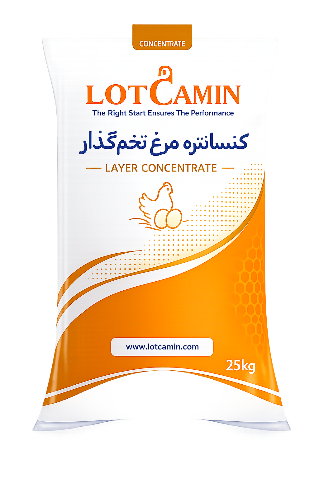 کیسه کنسانتره سه مرحله مرغ تخم‌گذار لوتکامین با طراحی سفید و نارنجی، مناسب واحدهای تخم‌گذار تجاری